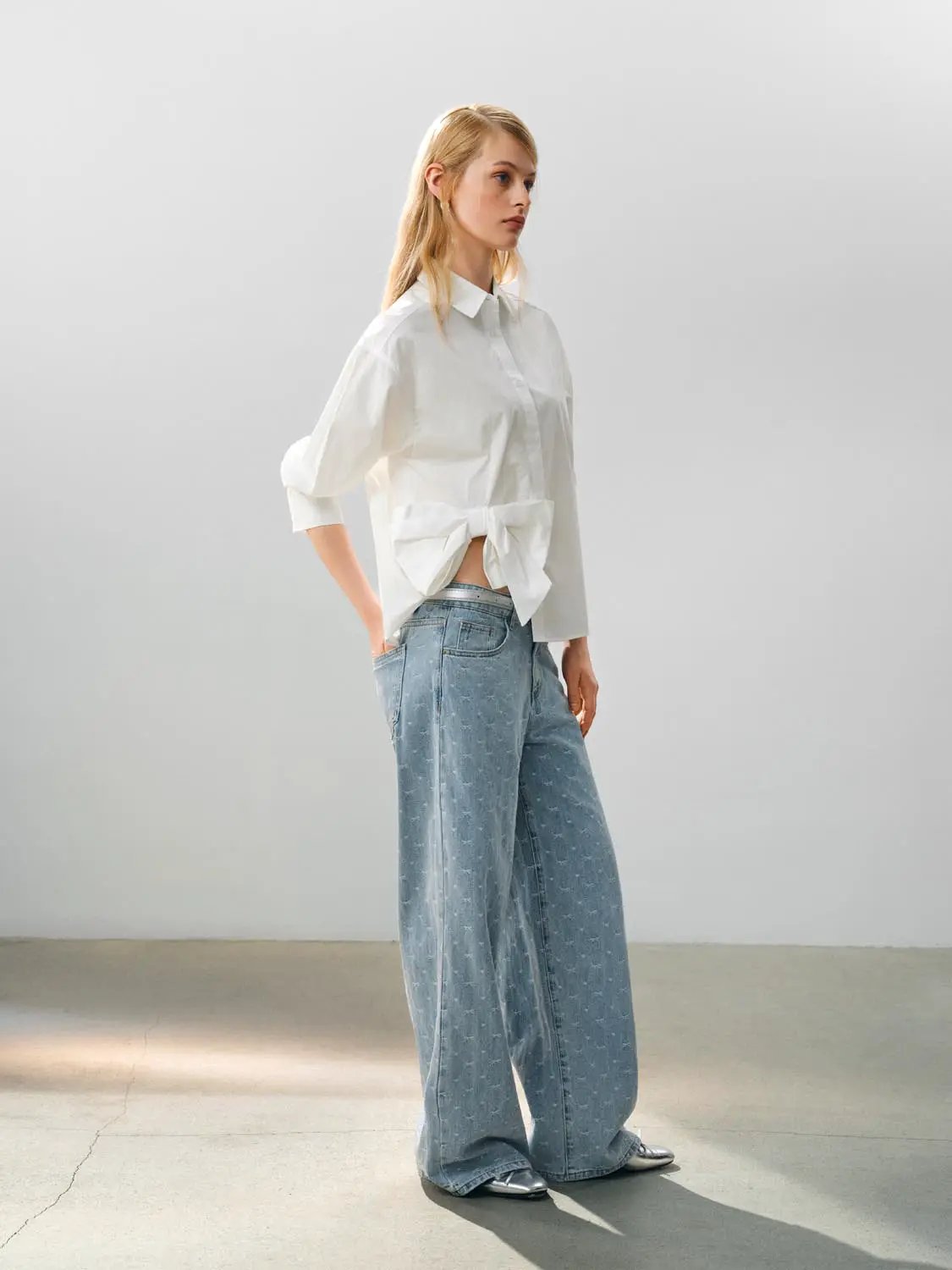 Button Front Tie Waist Cotton Long Sleeve Shirt