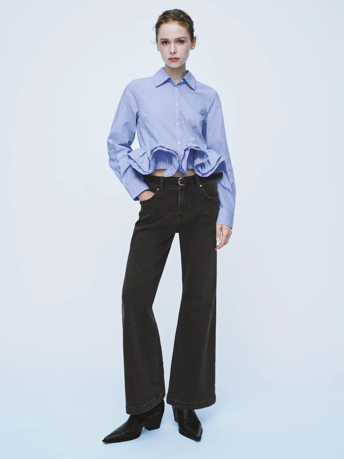 Open Front Ruffle Hem Striped Cotton Long Sleeve Shirt