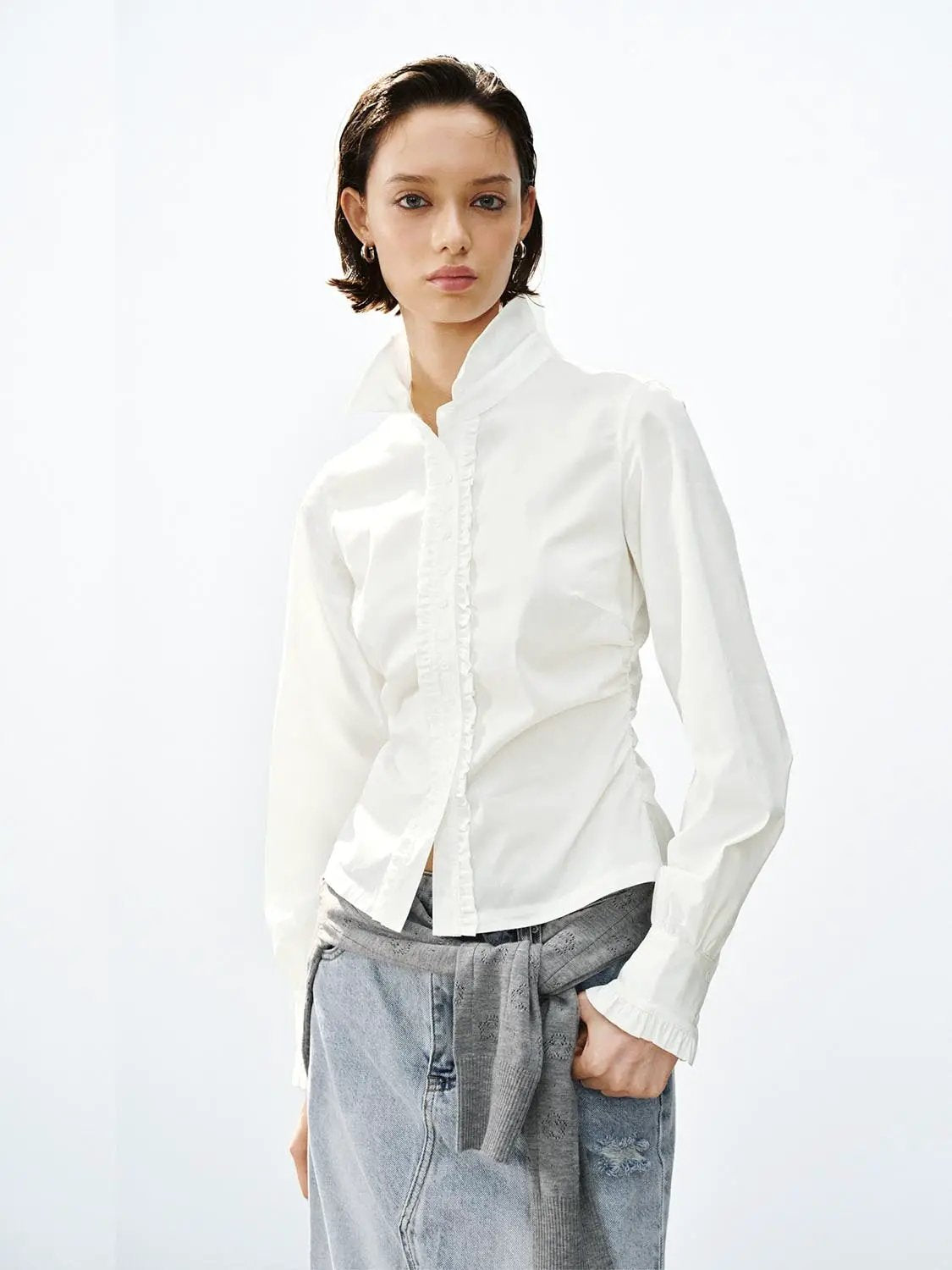 Ruffle Shirt Collar Long Sleeve Cotton Blend Shirt