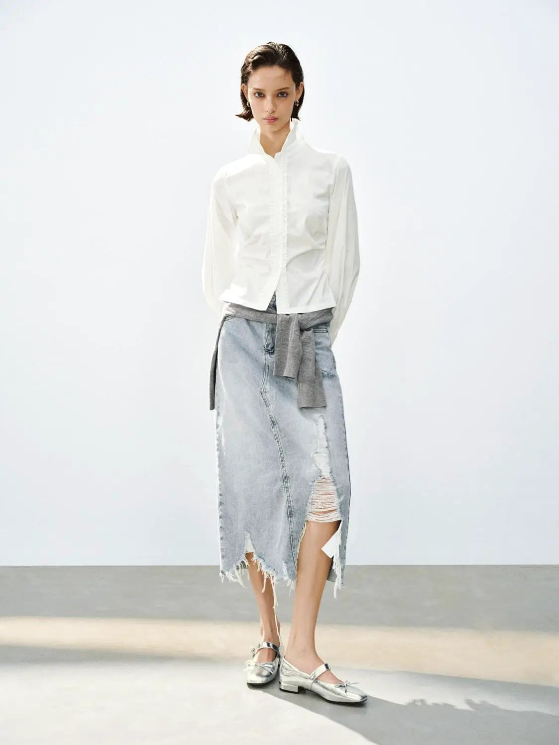 Ruffle Shirt Collar Long Sleeve Cotton Blend Shirt