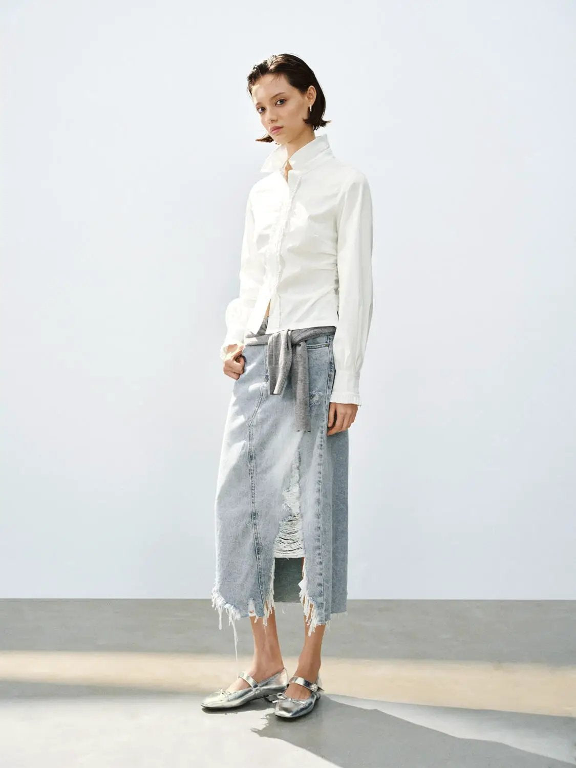 Ruffle Shirt Collar Long Sleeve Cotton Blend Shirt