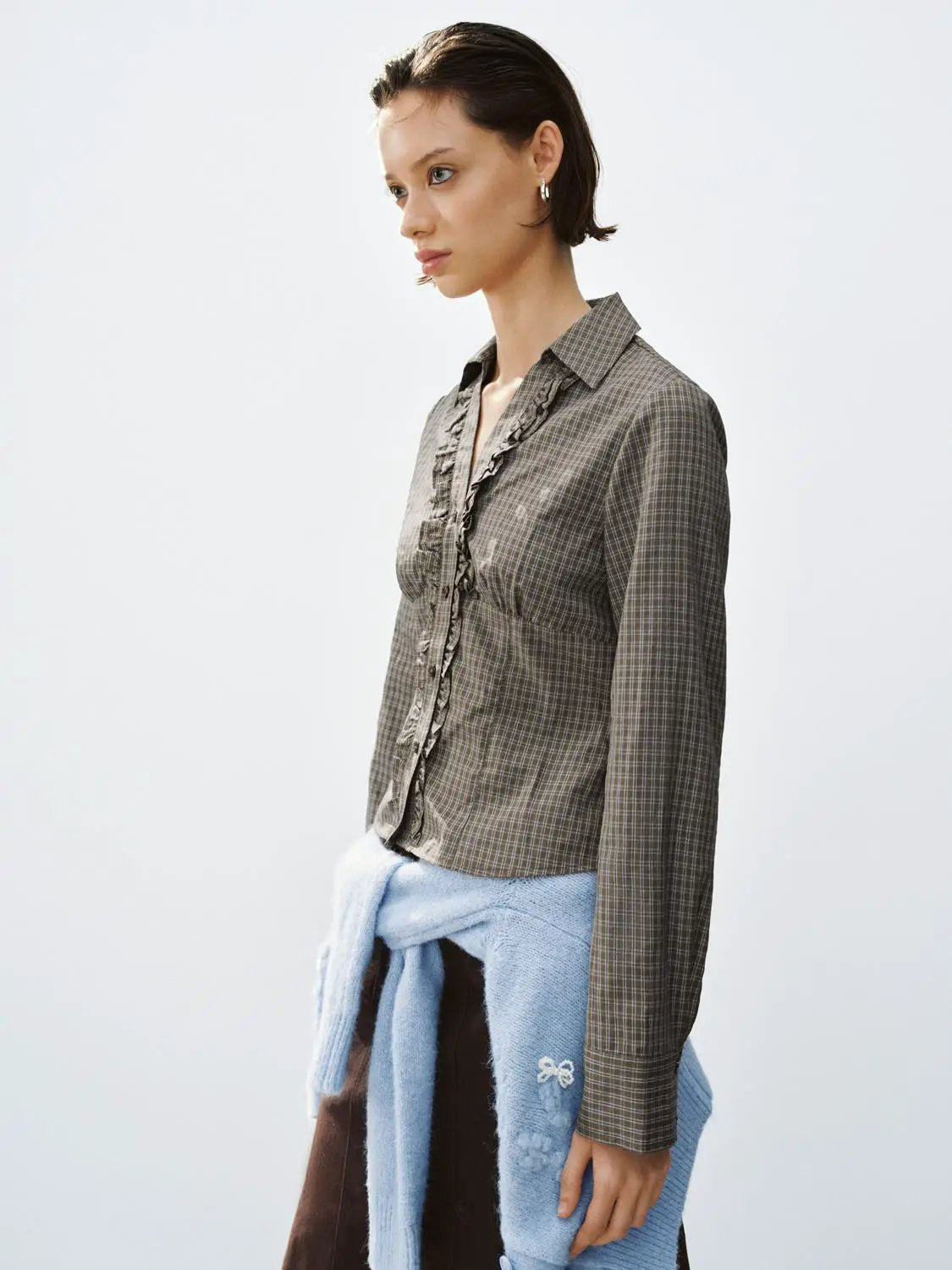 Fitted Checked Ruffle Button-front Long Sleeve Shirt