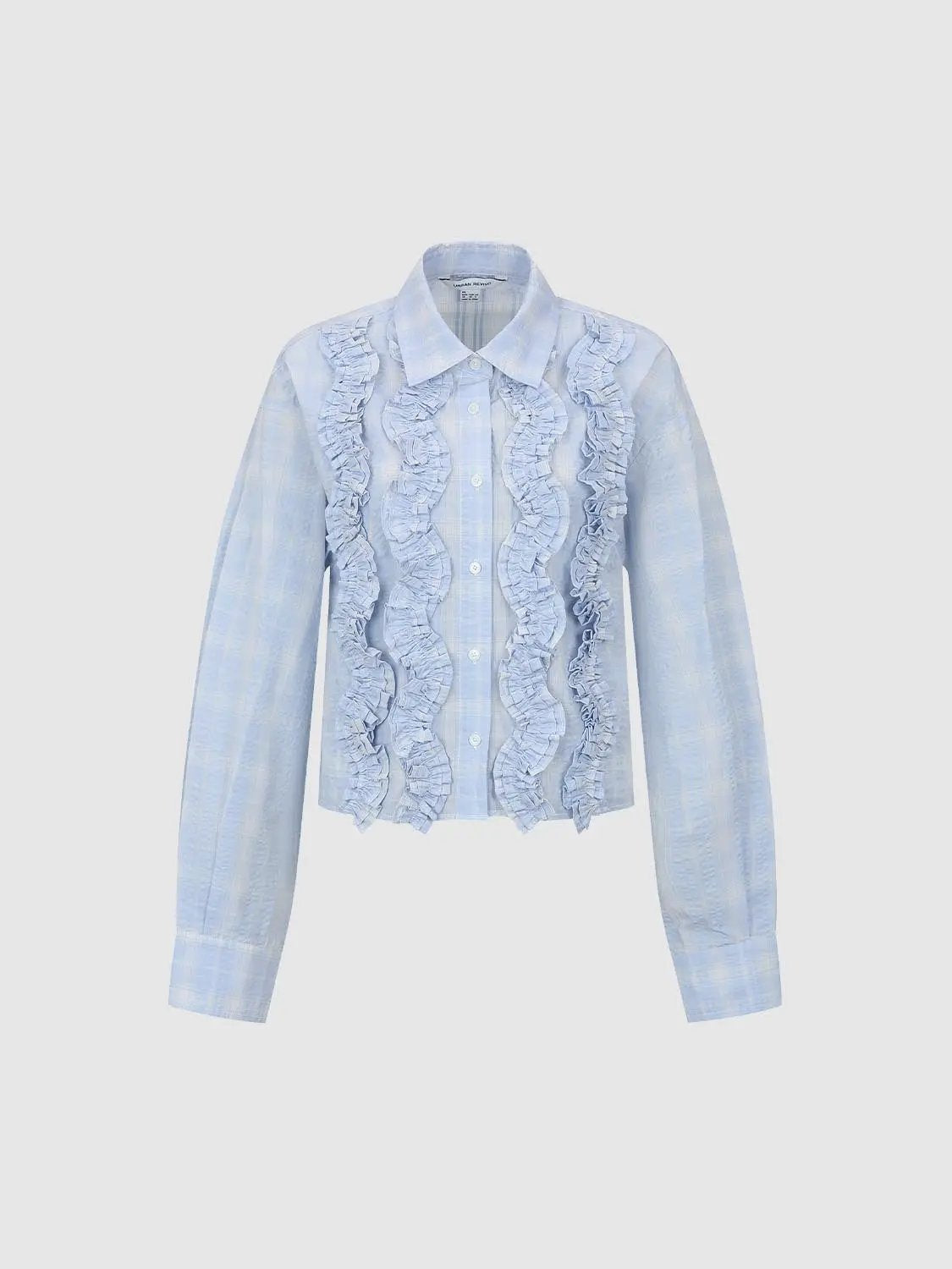 Checked Ruffle Front Long Sleeve Cotton Button Down Shirt