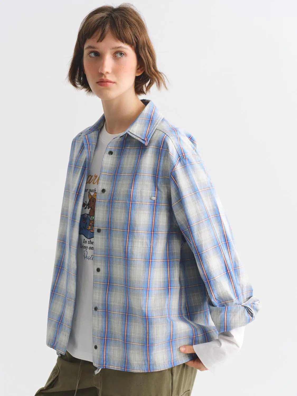 Button Down Checked Oversized Shirt Collar Long Sleeve Cotton Shirt