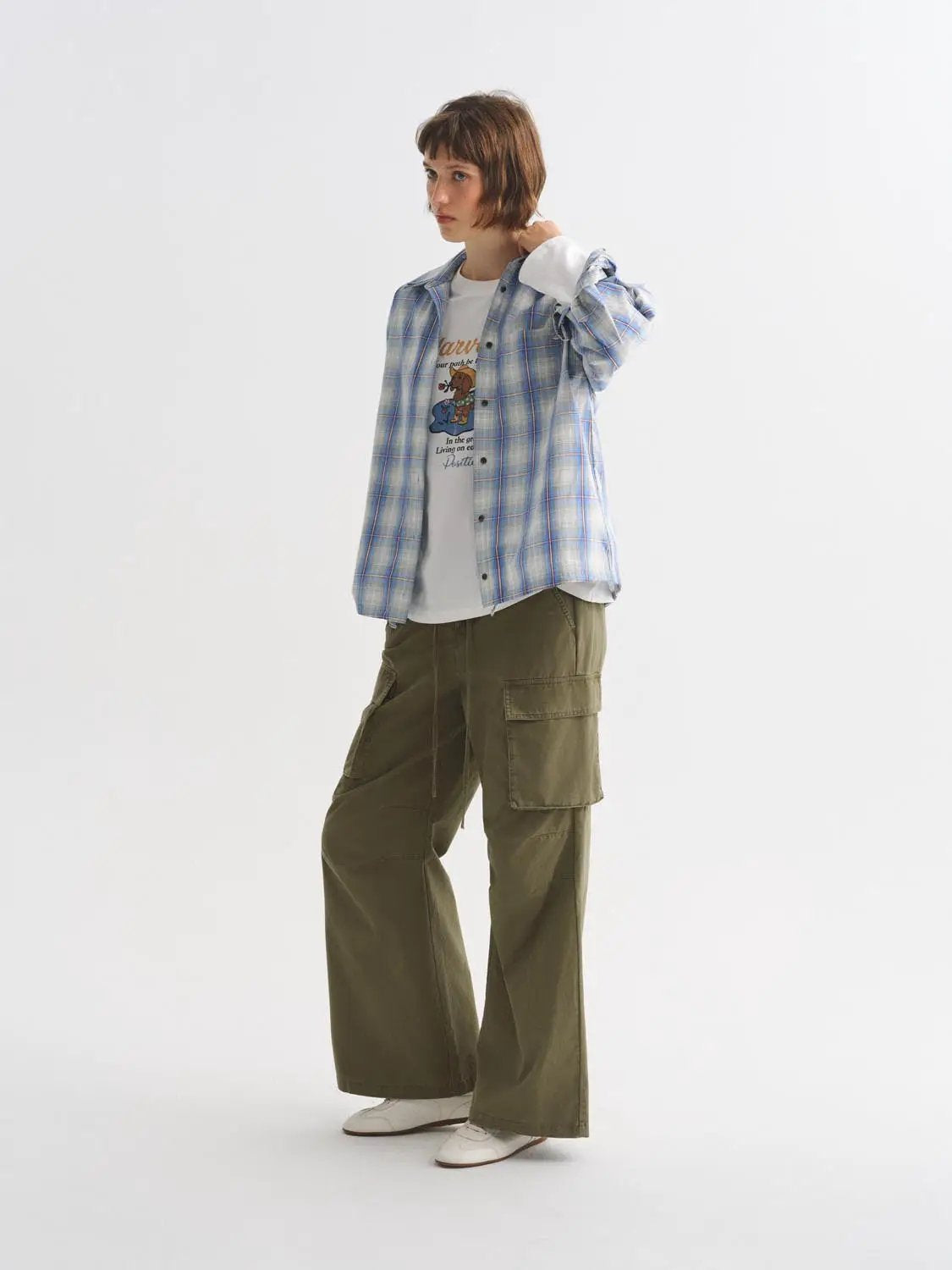 Button Down Checked Oversized Shirt Collar Long Sleeve Cotton Shirt