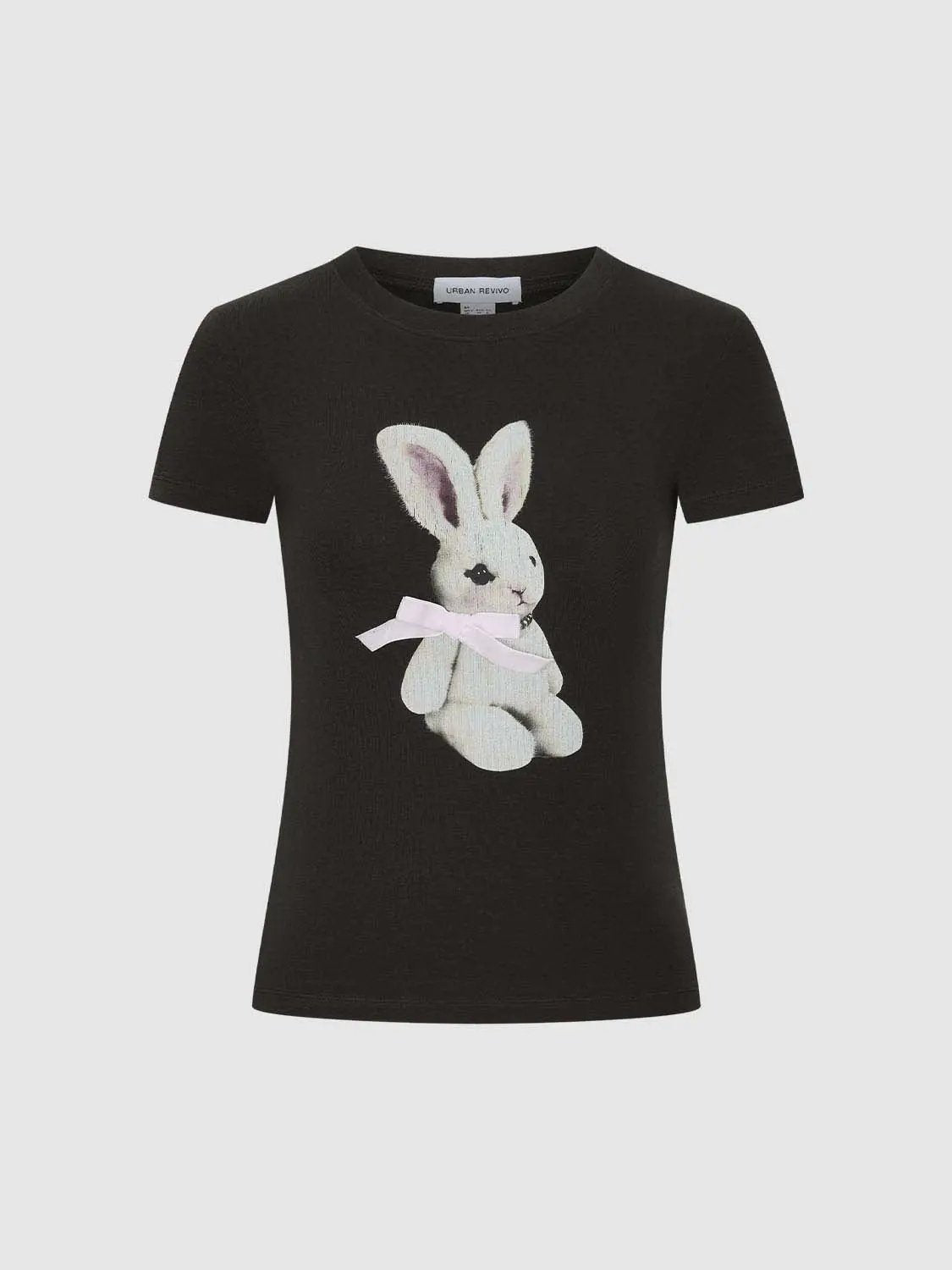 Round Neck Bunny Print Slight Stretch Cotton T-Shirt