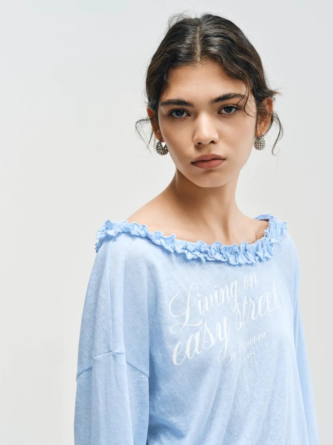 Ruffle Neckline Printed Cotton Blend Long Sleeve T-Shirt