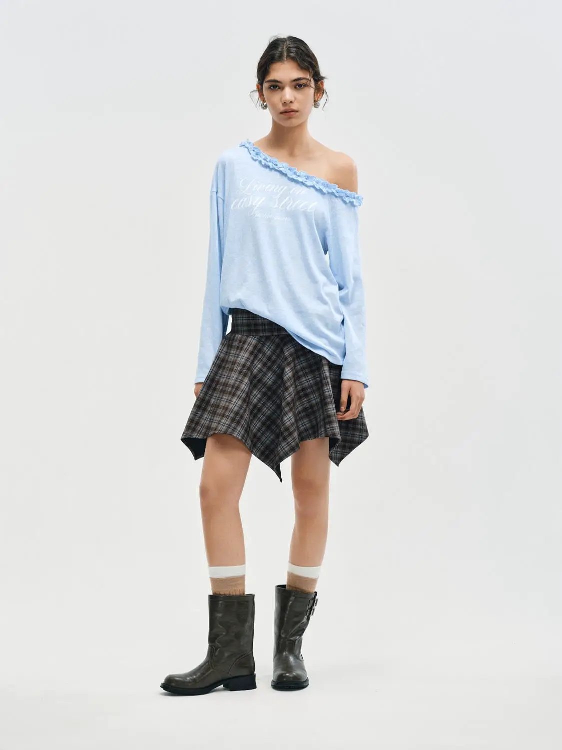 Ruffle Neckline Printed Cotton Blend Long Sleeve T-Shirt