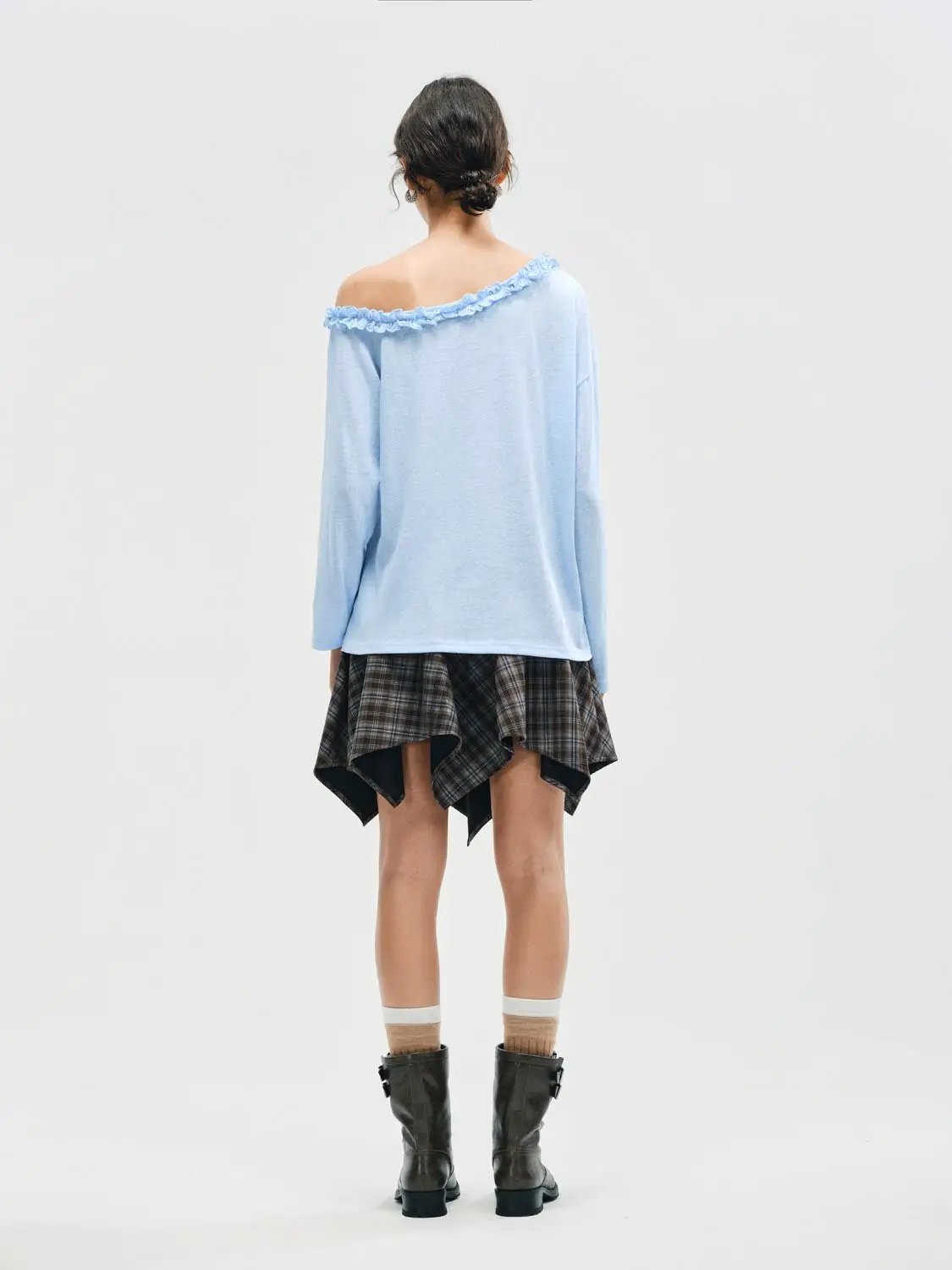 Ruffle Neckline Printed Cotton Blend Long Sleeve T-Shirt