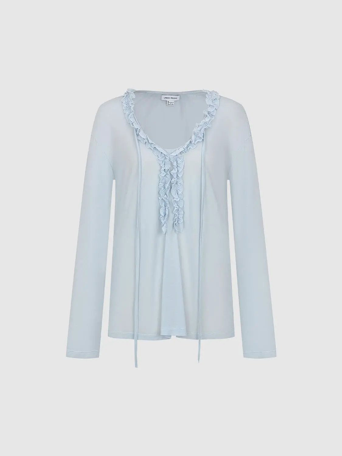 Ruffle Trim V-neck Long Sleeve Tie Front T-Shirt