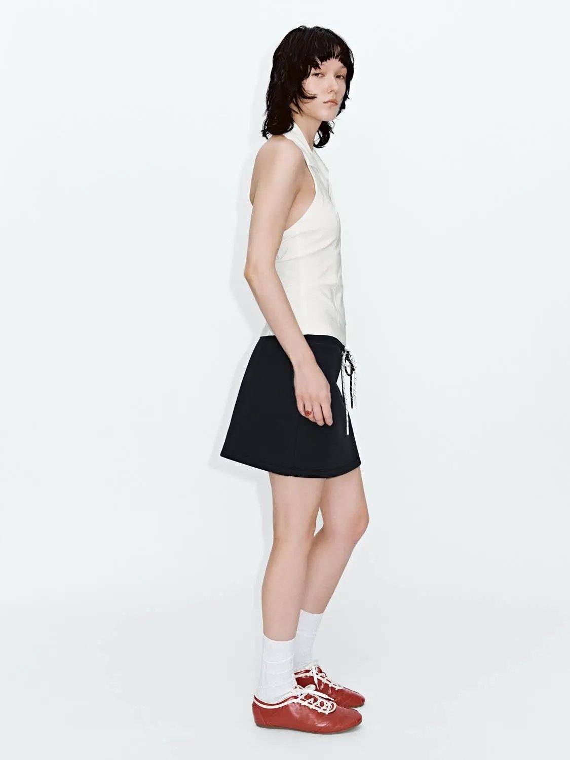 Drawstring Waist, Clean Silhouette Cotton Mini Skirt