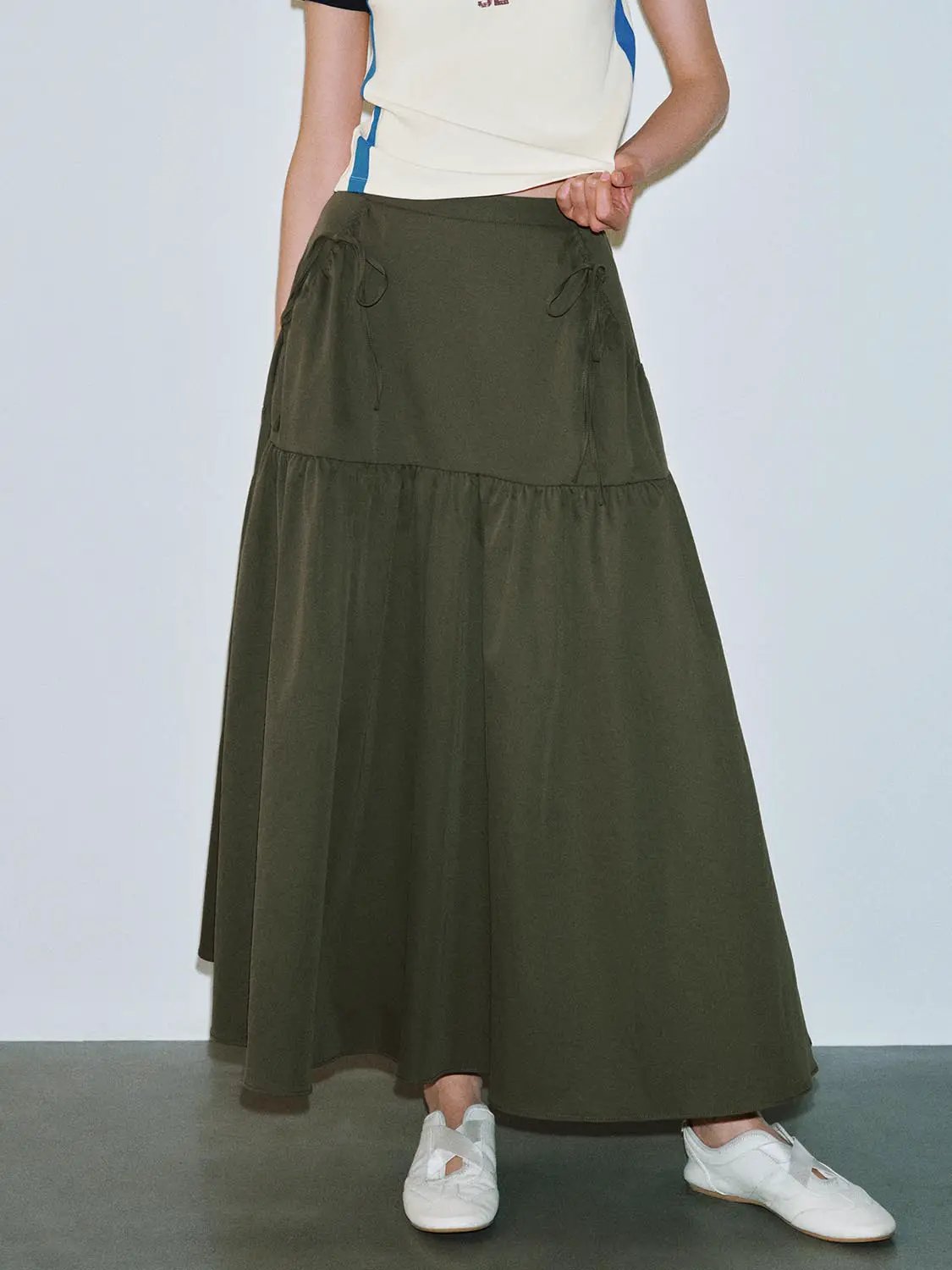 High Waist Bow Drawstring Tiered Ruffle A Line Midi Skirt