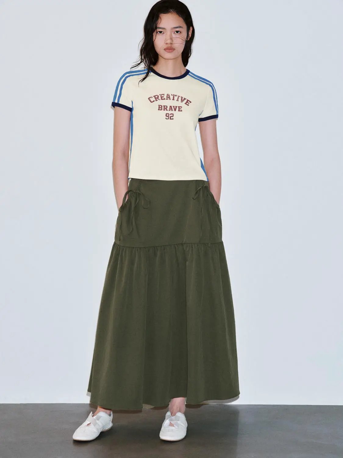 High Waist Bow Drawstring Tiered Ruffle A Line Midi Skirt