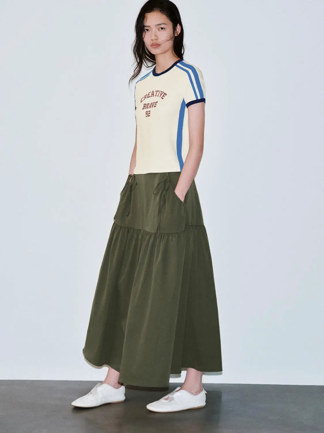 High Waist Bow Drawstring Tiered Ruffle A Line Midi Skirt