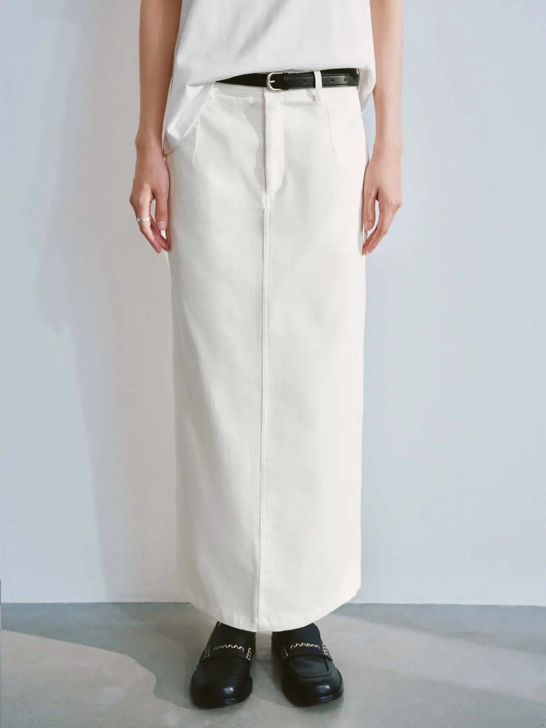 High Waist Belted Cotton Straight Cut Midi Skirt