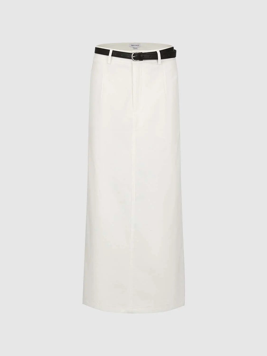 High Waist Belted Cotton Straight Cut Midi Skirt