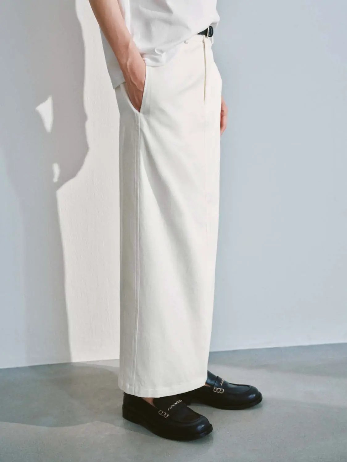 High Waist Belted Cotton Straight Cut Midi Skirt