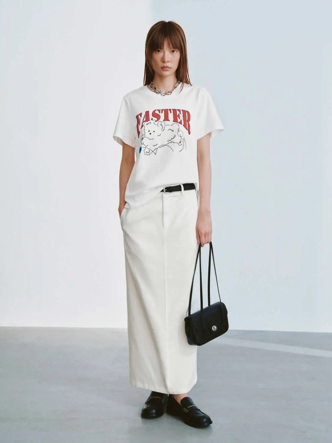 High Waist Belted Cotton Straight Cut Midi Skirt