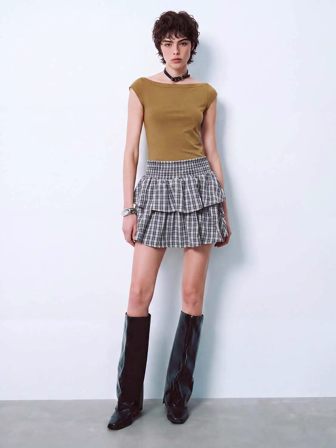 Checked Layered Ruffle High-waisted Mini Skirt