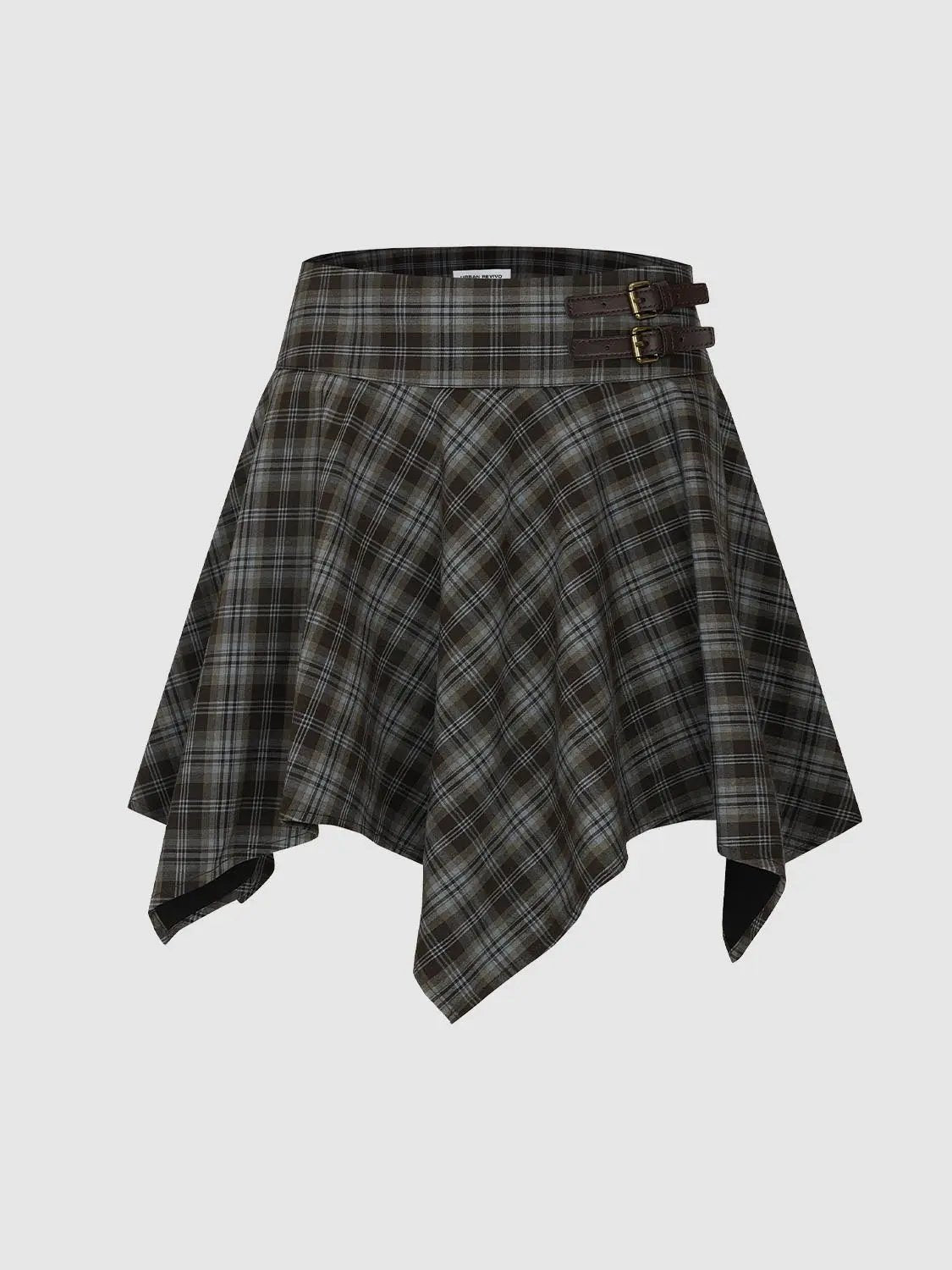 Checked High-waisted Asymmetric Hem Mini Skirt