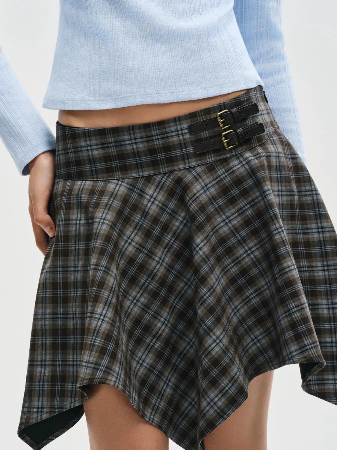 Checked High-waisted Asymmetric Hem Mini Skirt