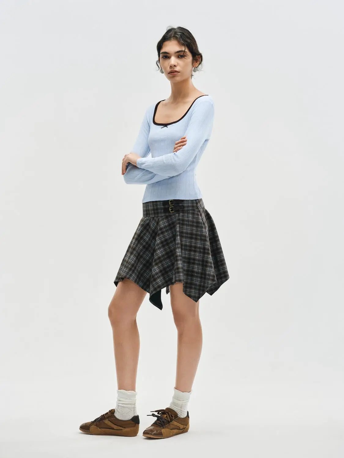 Checked High-waisted Asymmetric Hem Mini Skirt