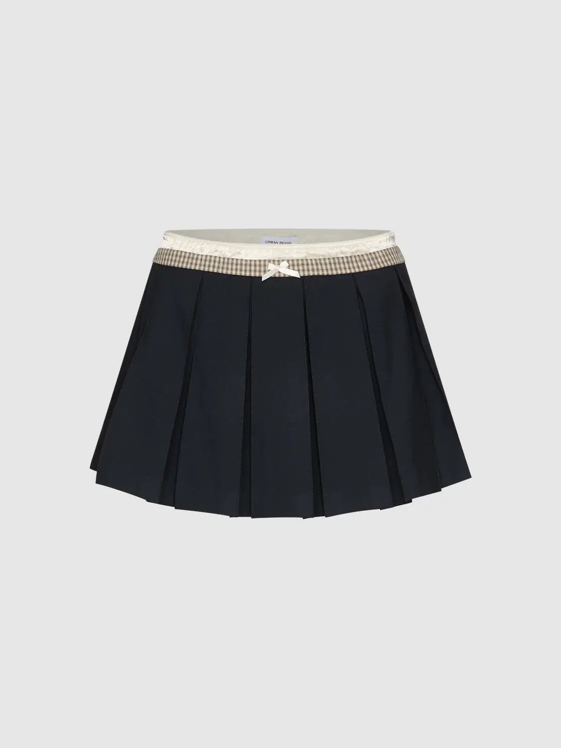 Pleated Bow Checked Waistband A-Line Mini Skirt