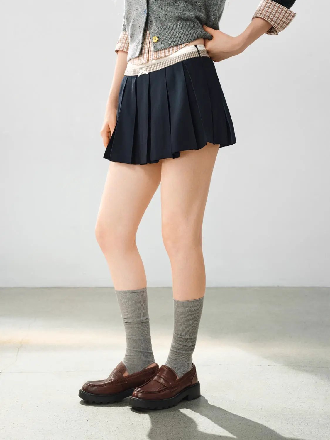 Pleated Bow Checked Waistband A-Line Mini Skirt