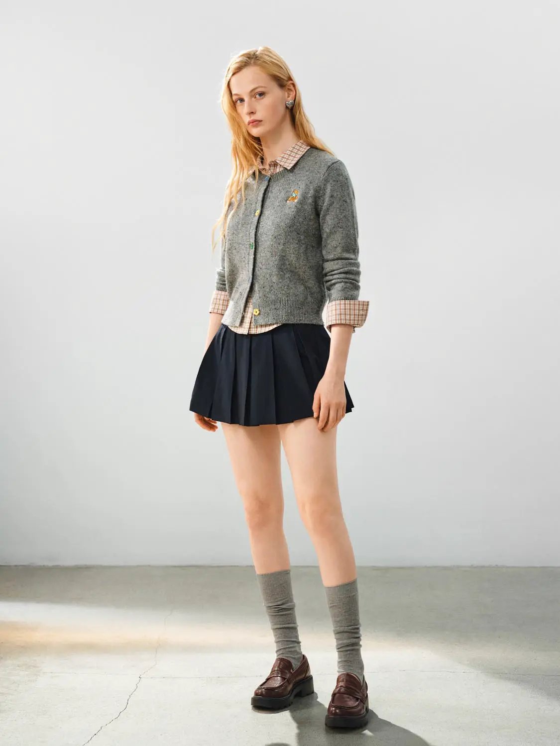 Pleated Bow Checked Waistband A-Line Mini Skirt