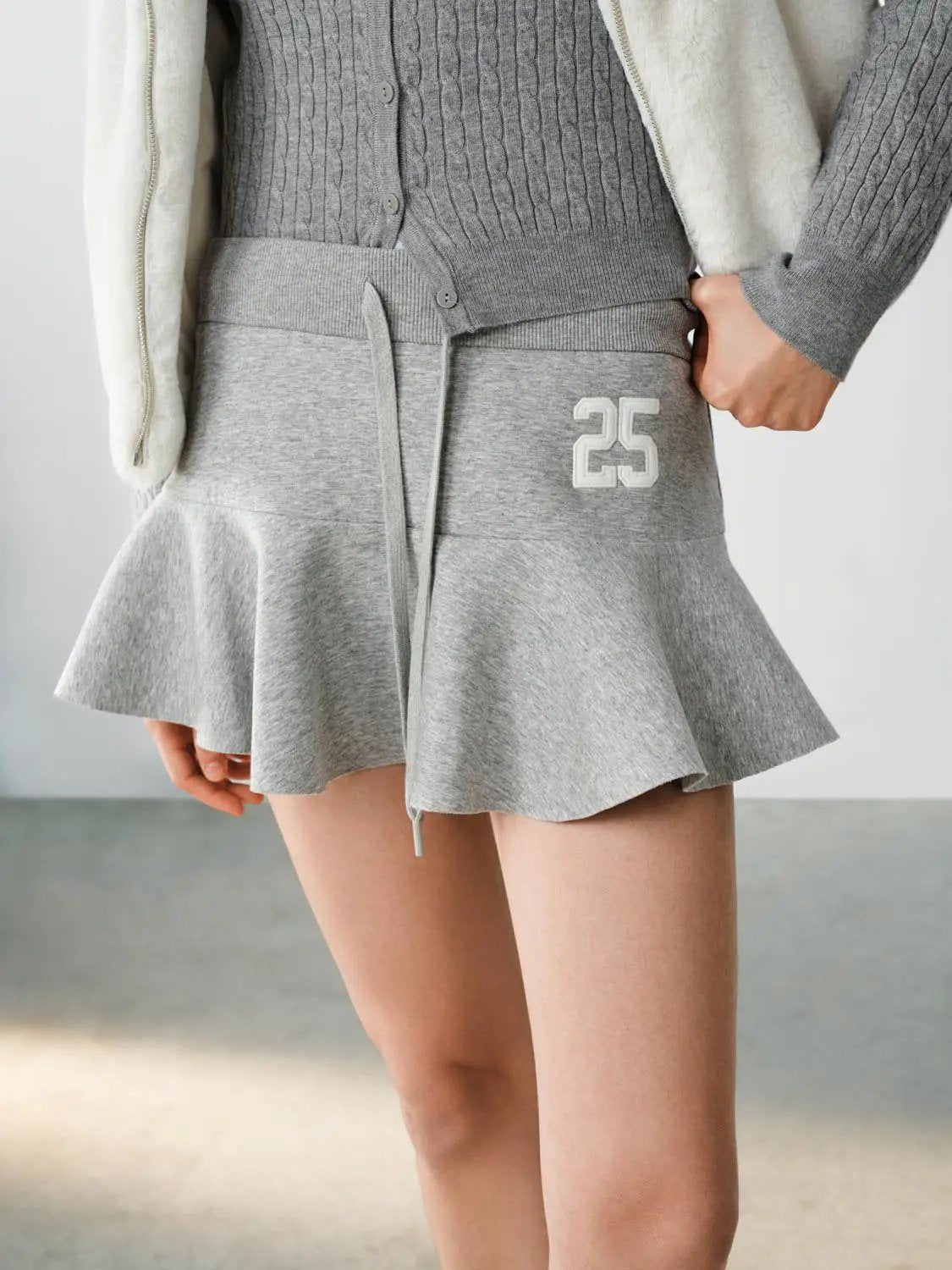 Number Print Ruffled Hem A-Line Drawstring Mini Cotton Skirt