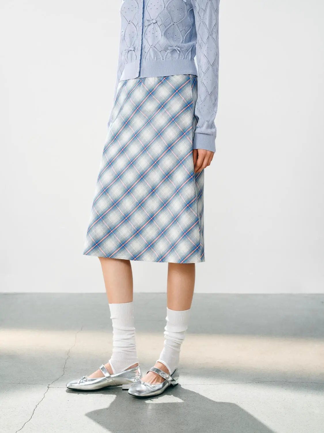 Checked A-Line Cotton Midi Skirt