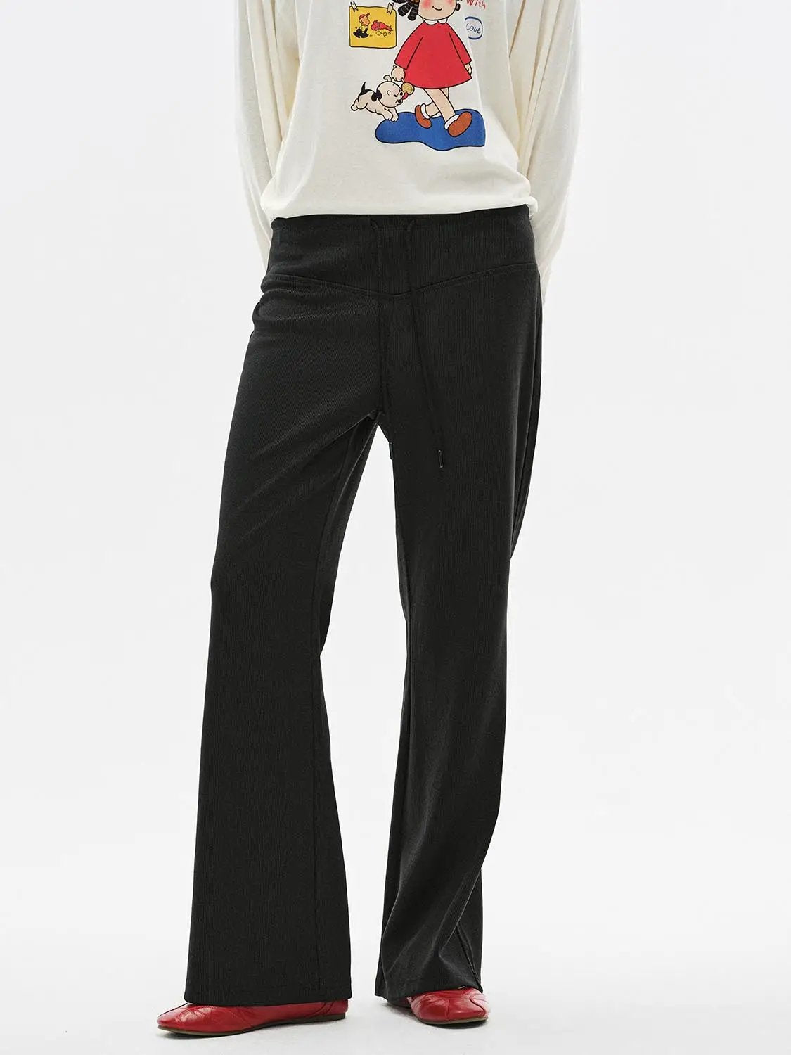 Ribbed Knit Drawstring Waist Flare Pants