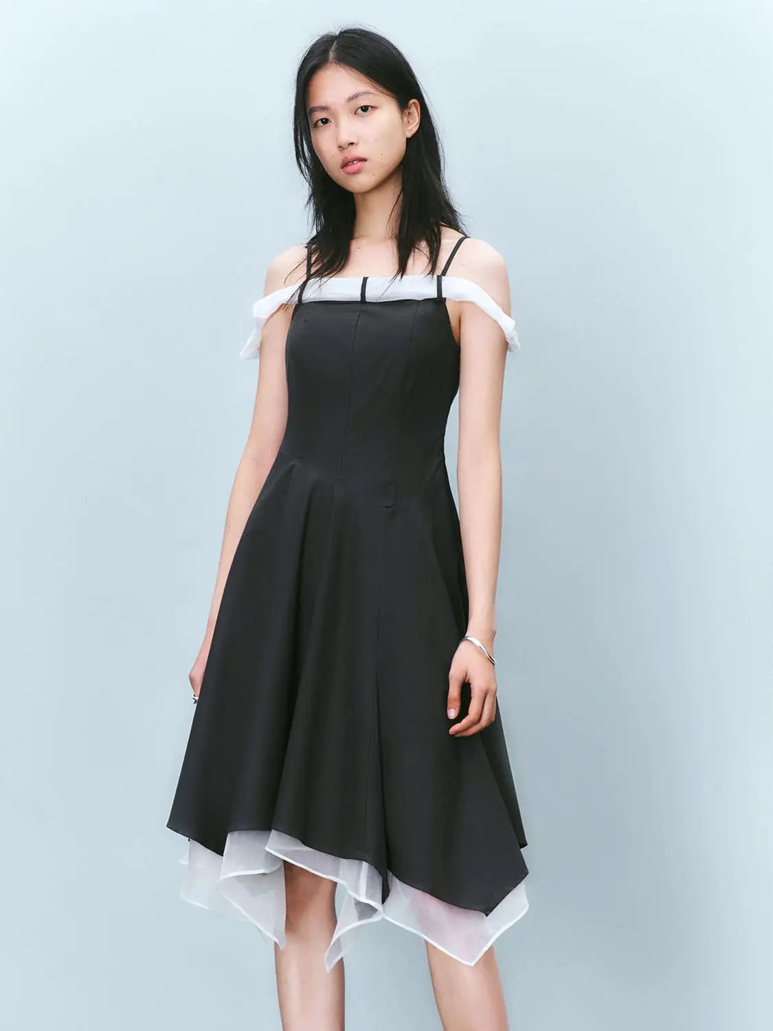Cami Strap Off Shoulder A-Line Layered Hem Midi Dress