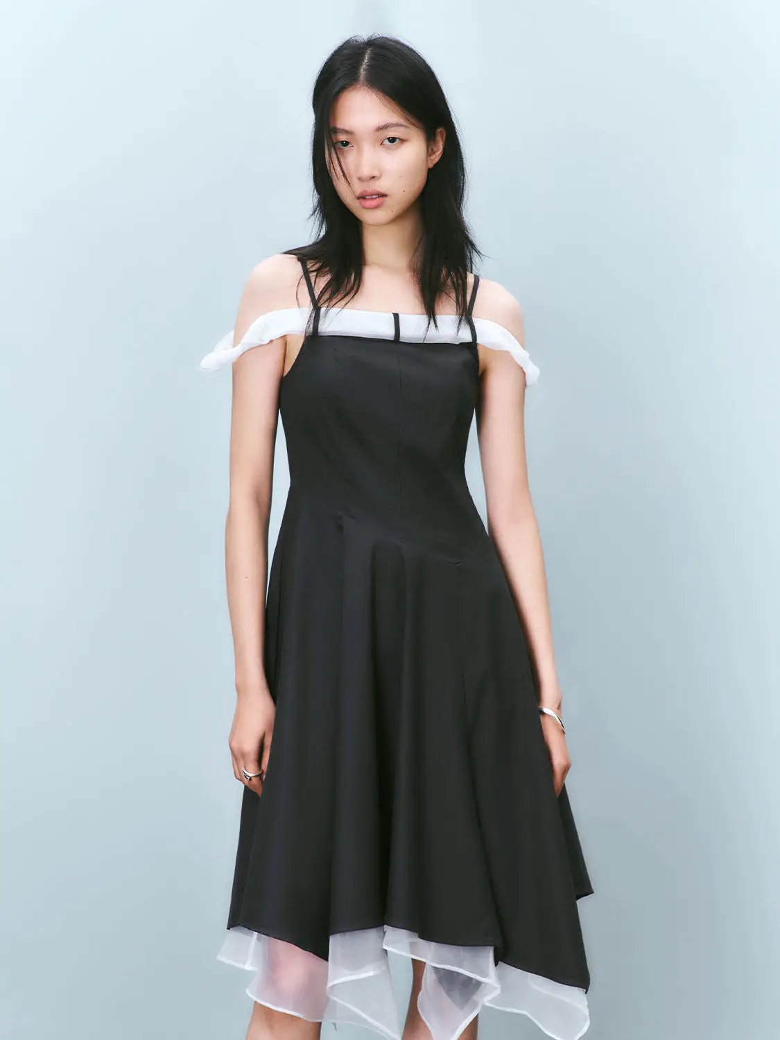 Cami Strap Off Shoulder A-Line Layered Hem Midi Dress