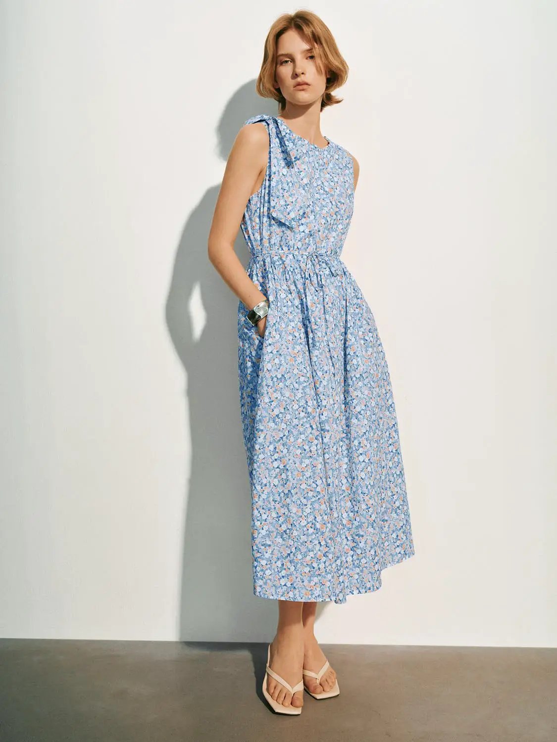 Delicate A-line Floral Midi Cotton Dress