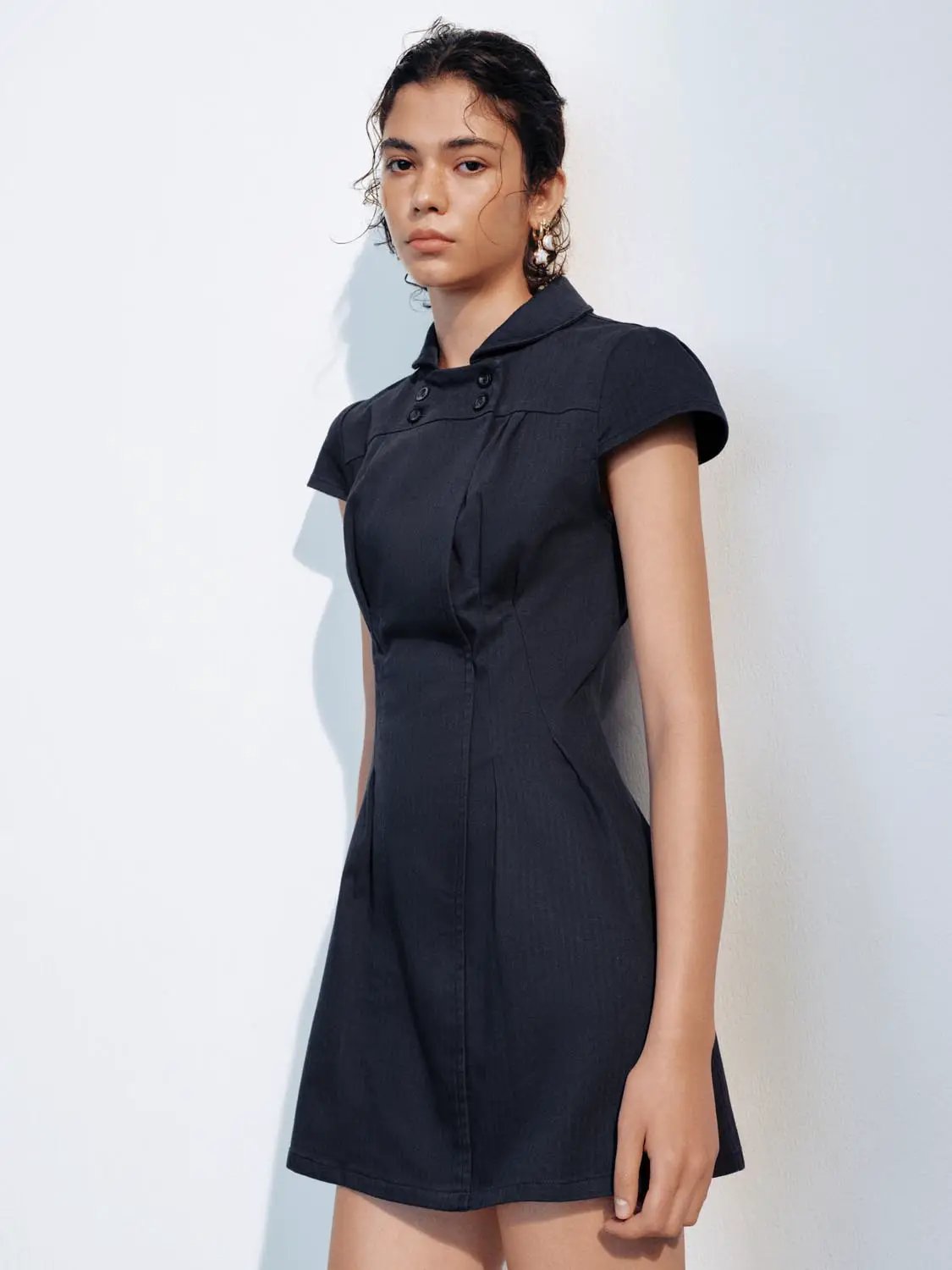 A-Line Button Detail Shirt Collar Short Sleeve Cotton Dress