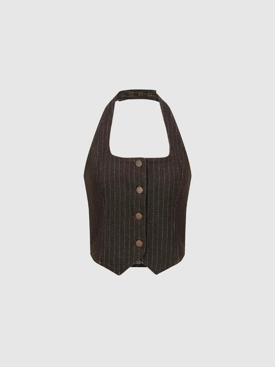 Striped Cotton Blend Square Neck Button Vest