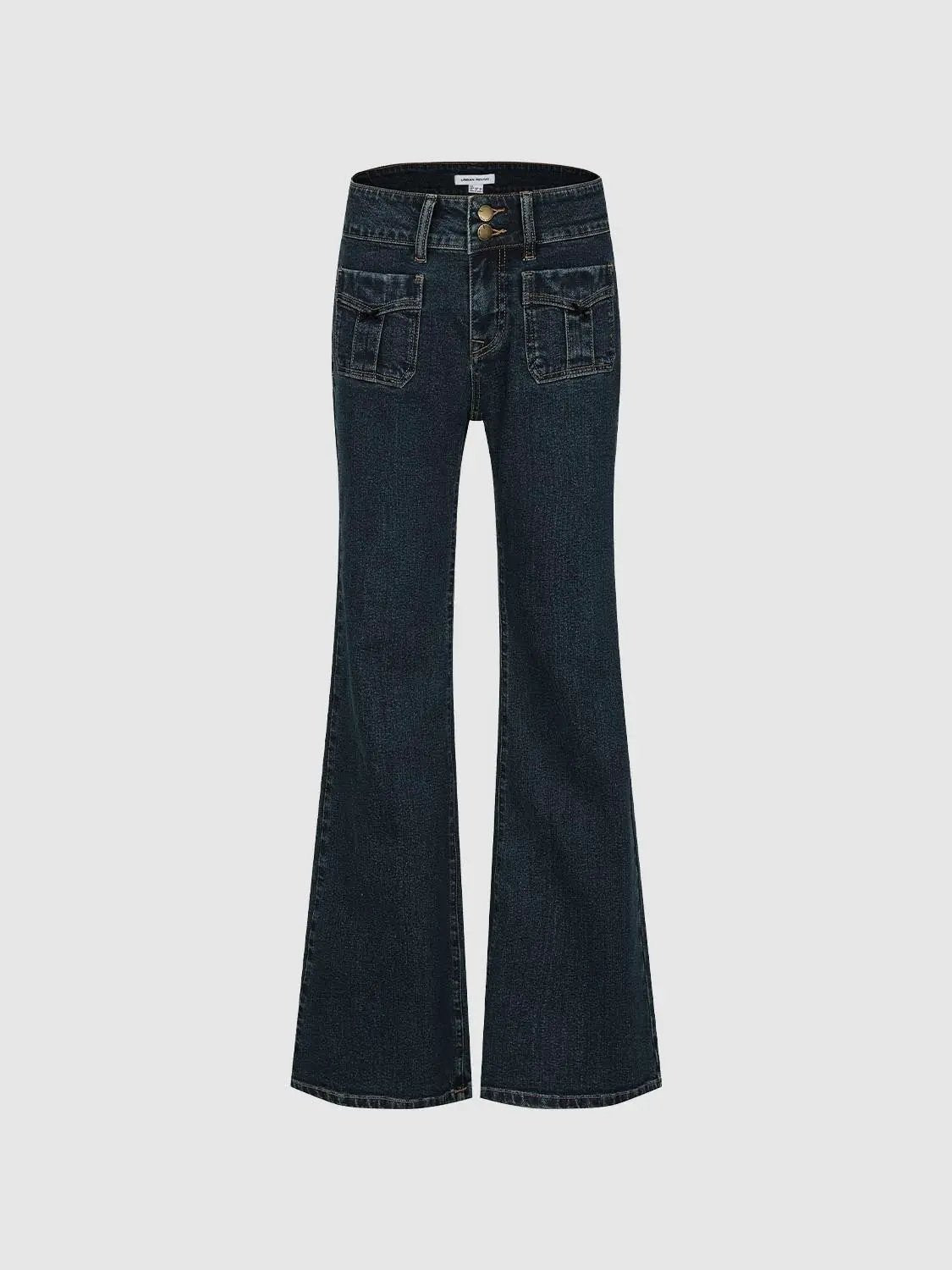 Double Button Dark Wash Mid-rise Flared Cotton Jeans
