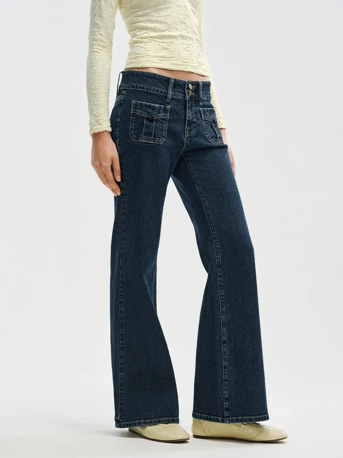 Double Button Dark Wash Mid-rise Flared Cotton Jeans