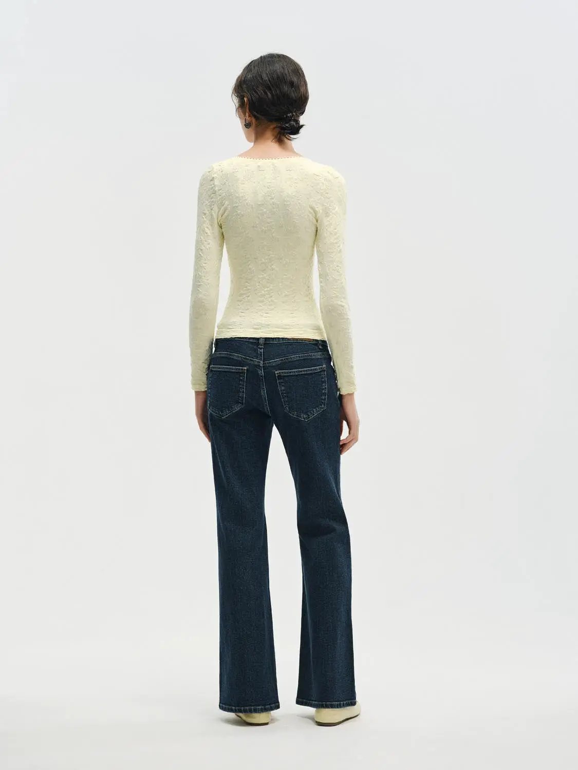 Double Button Dark Wash Mid-rise Flared Cotton Jeans