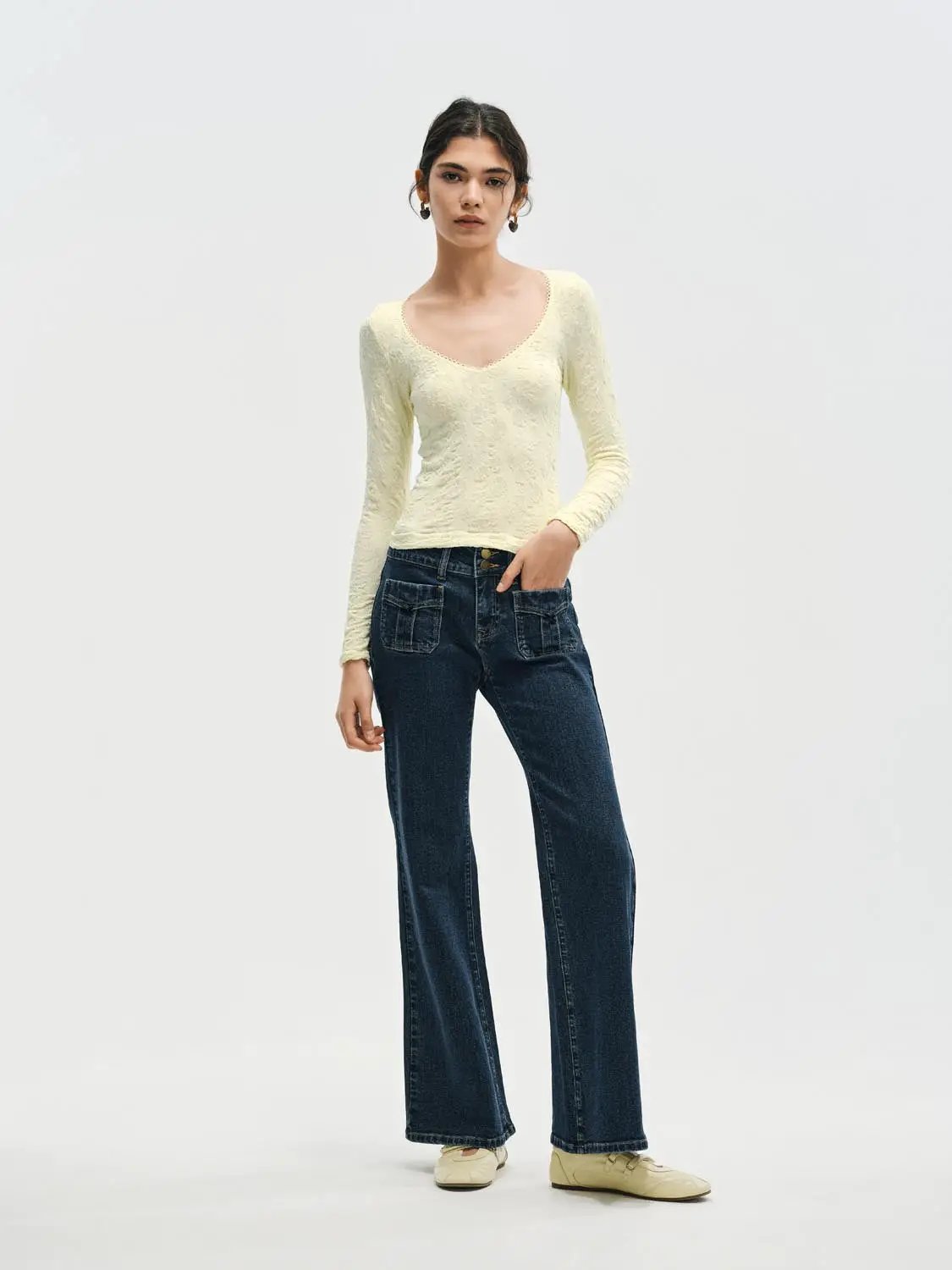 Double Button Dark Wash Mid-rise Flared Cotton Jeans