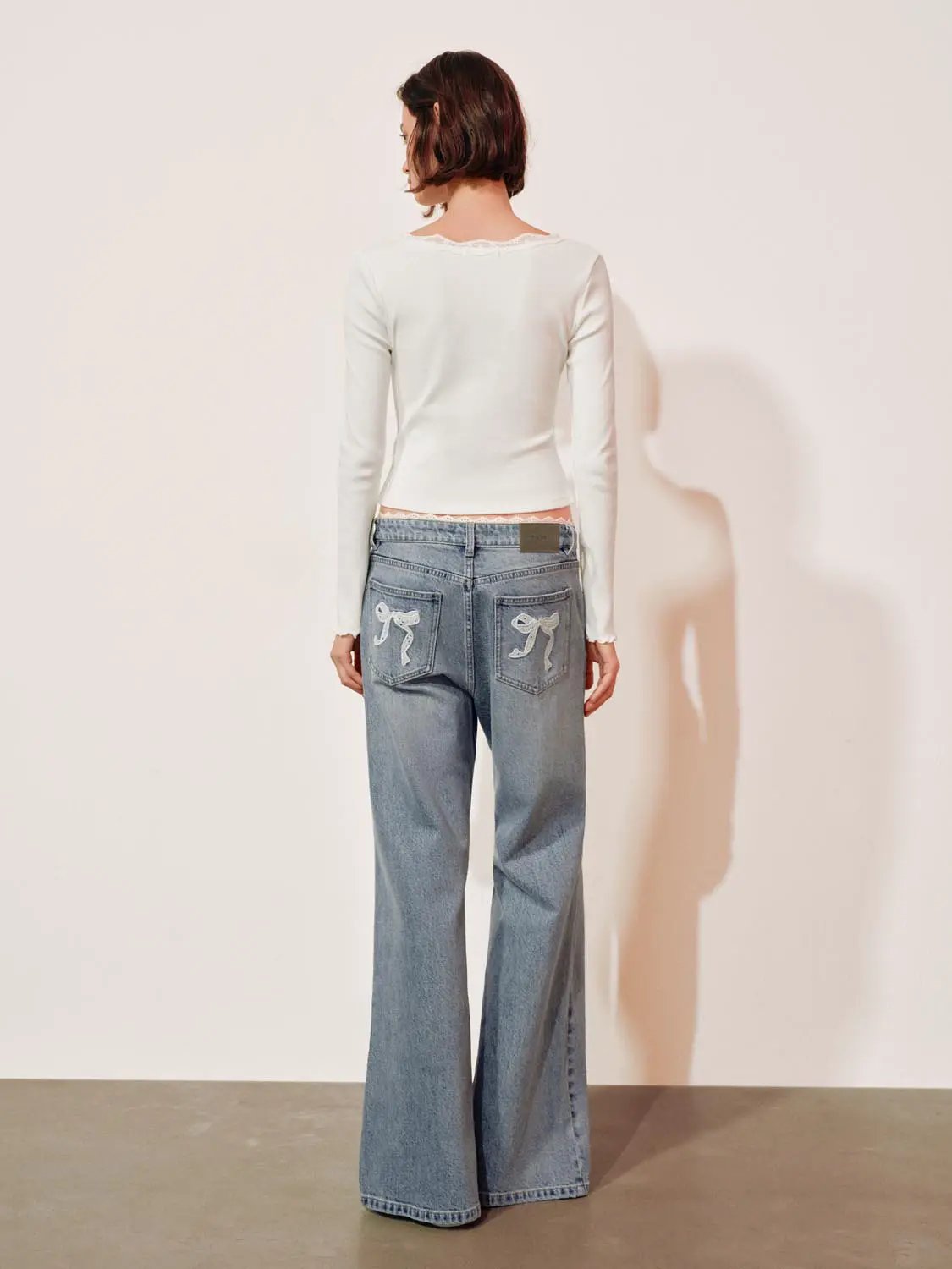 Lace Trim Mid-rise Cotton Blend Flare Jeans