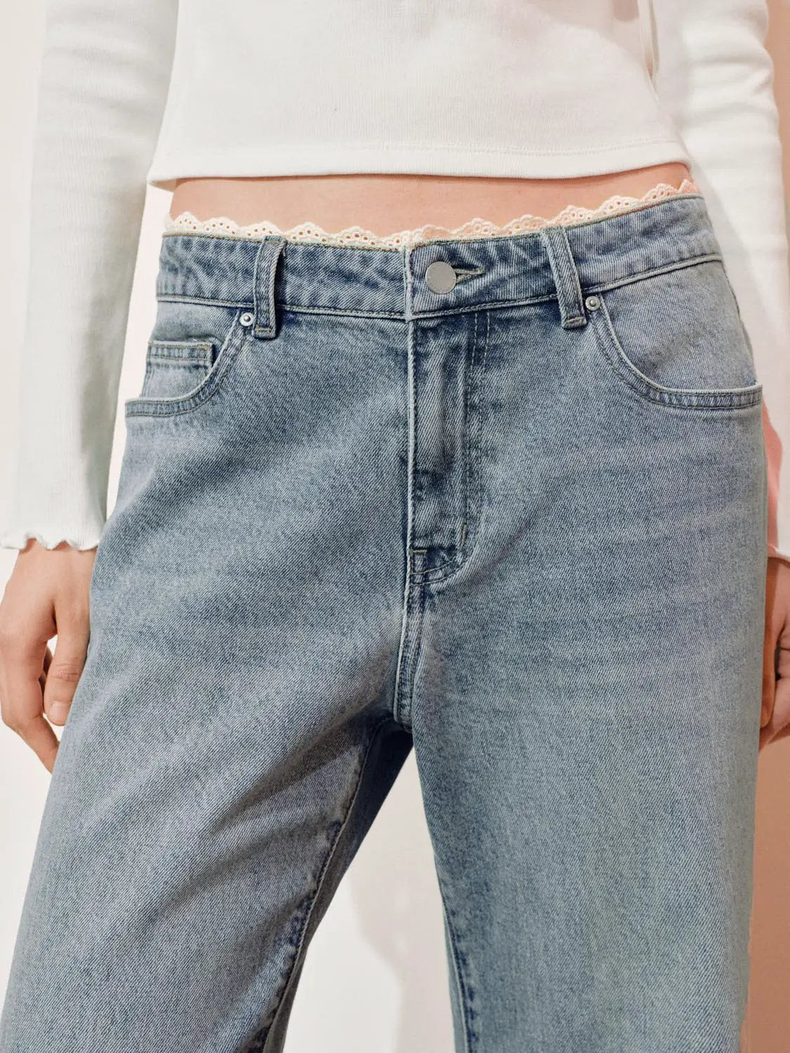Lace Trim Mid-rise Cotton Blend Flare Jeans
