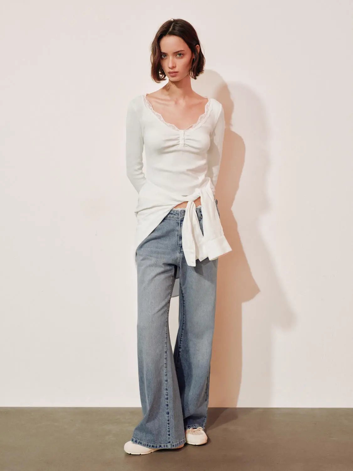 Lace Trim Mid-rise Cotton Blend Flare Jeans