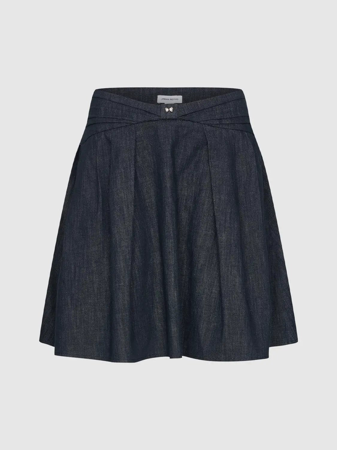 Pleated High-waisted Wrap Cotton Blend Denim Midi Skirt