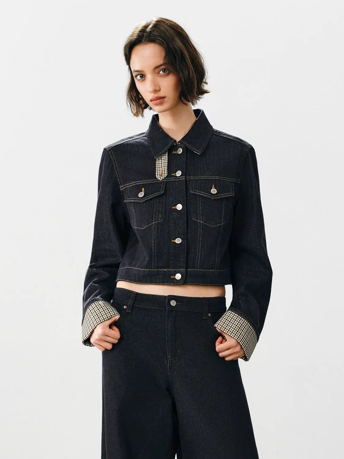 Checked Trim Long Sleeve Cropped Cotton Blend Denim Jacket