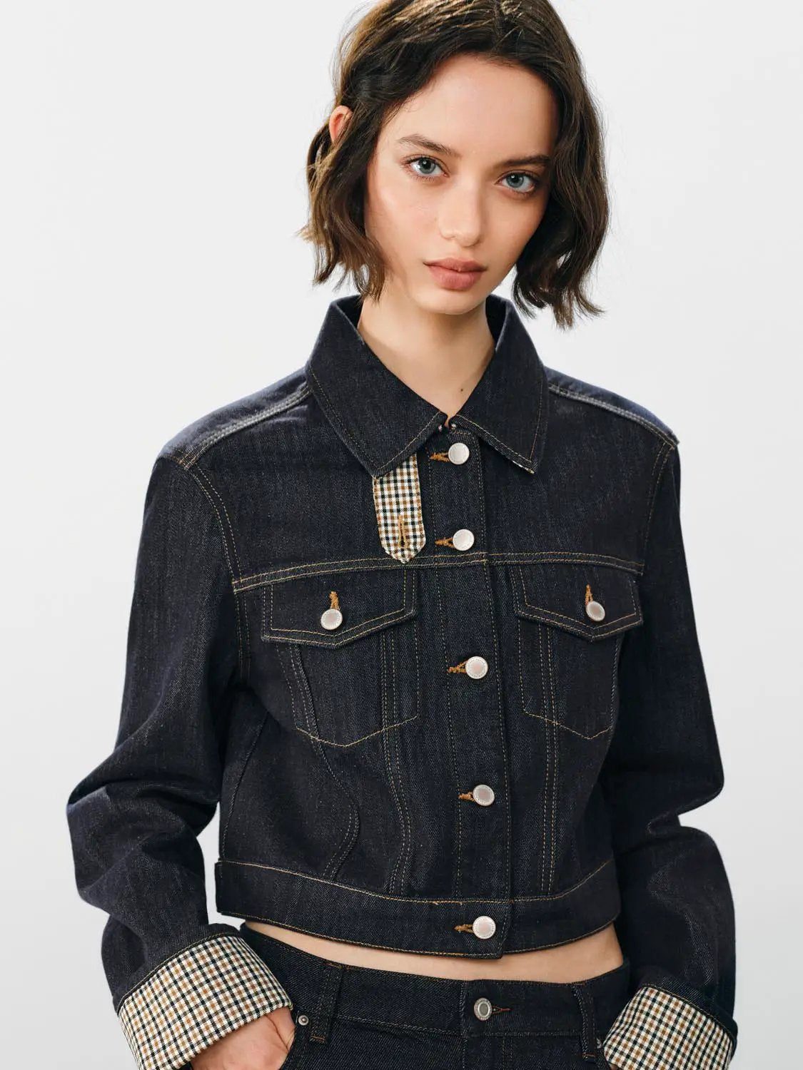 Checked Trim Long Sleeve Cropped Cotton Blend Denim Jacket