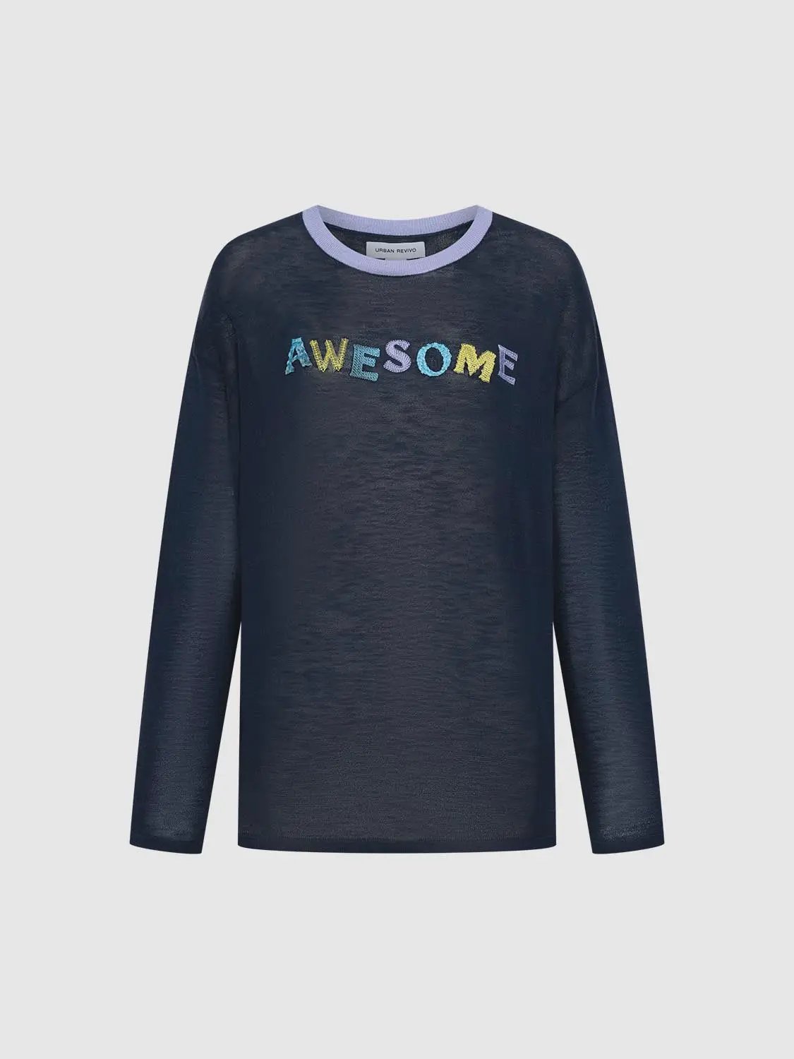 Oversized Printed Text Crew Neck Long Sleeve Knit T-shirt