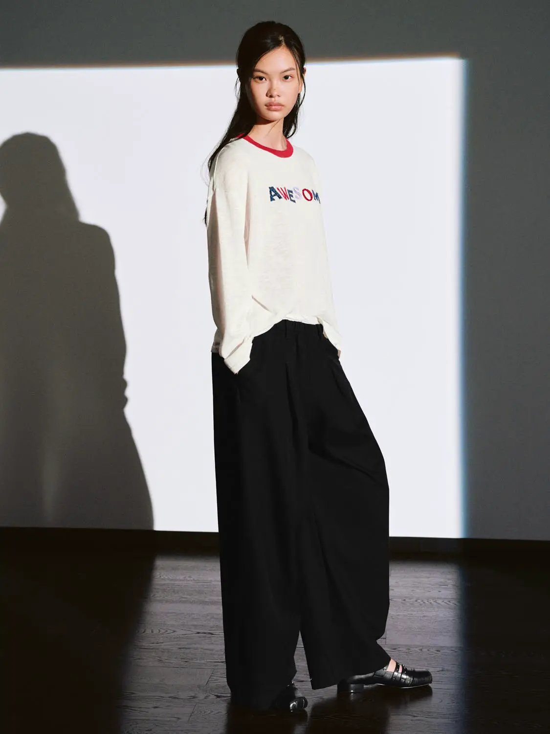 Oversized Printed Text Crew Neck Long Sleeve Knit T-shirt