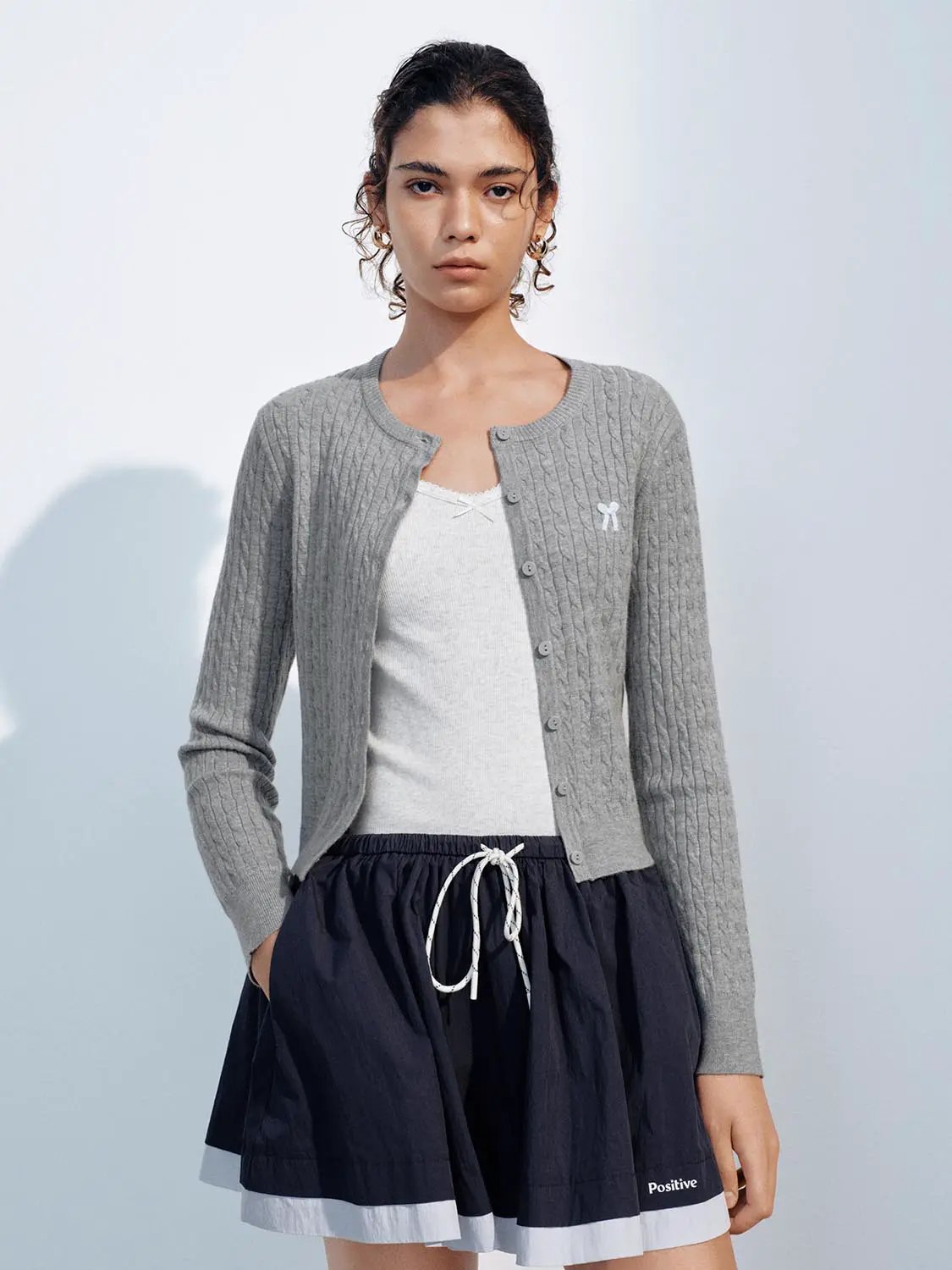 Ribbed Crew Neck Embroidered Bow Button Front Cardigan